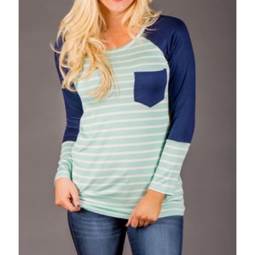 P.S Kate Boutique light and dark blue Striped Raglan top with front pocket